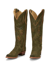 Blackish Green Suede Color Embroidery Round-toe Wide Slip-on Knee High Cowgirl Boots